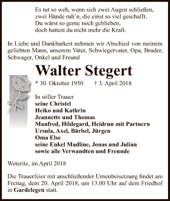 Traueranzeige von Walter Stegert von Uelzen