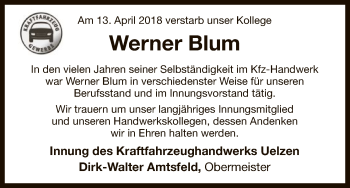 Traueranzeige von Werner Blum von Uelzen