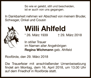 Traueranzeige von Willi Ahlfeld von Uelzen