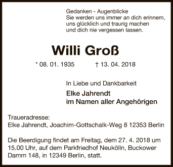 Traueranzeige von Willi Groß von Uelzen