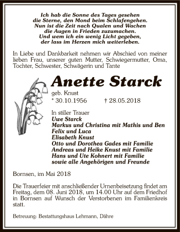 Traueranzeige von Anette Starck von Uelzen