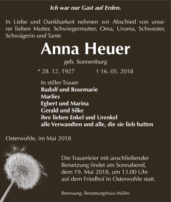 Traueranzeige von Anna Heuer von Uelzen