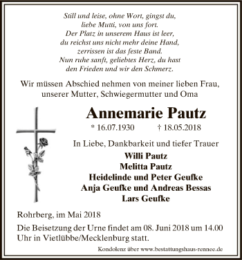 Traueranzeige von Annemarie Pautz von Uelzen