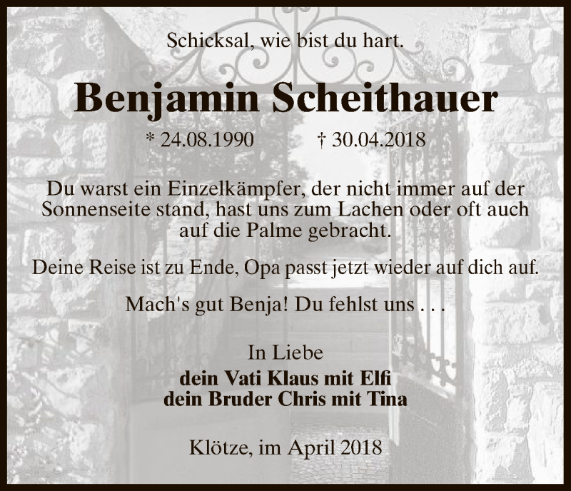  Traueranzeige für Benjamin Scheithauer vom 11.05.2018 aus Uelzen