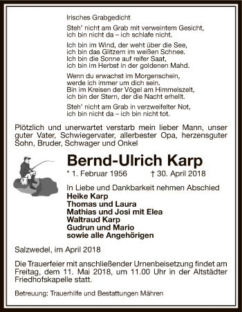 Traueranzeige von Bernd-Ulrich Karp von Uelzen