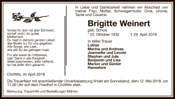 Traueranzeige von Brigitte Weinert von Uelzen