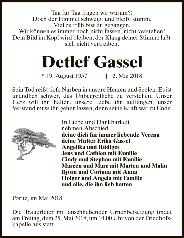  Traueranzeige für Detlef Gassel vom 16.05.2018 aus Uelzen