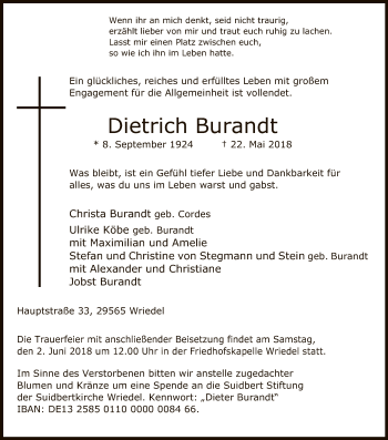 Traueranzeige von Dietrich Burandt von Uelzen