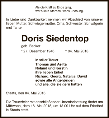 Traueranzeige von Doris Siedentop von Uelzen