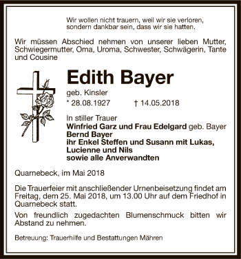 Traueranzeige von Edith Bayer von Uelzen