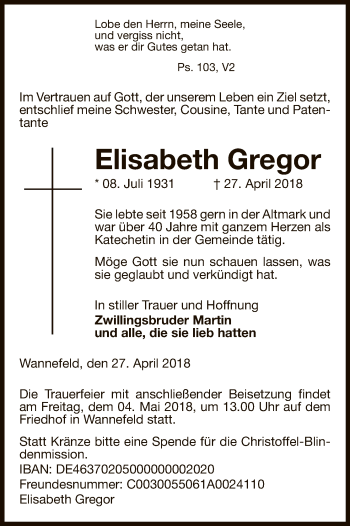 Traueranzeige von Elisabeth Gregor von Uelzen