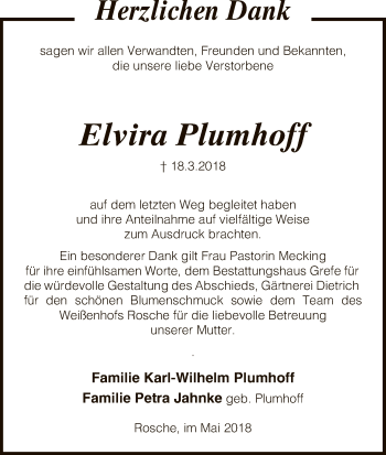 Traueranzeige von Elvira Plumhoff von Uelzen