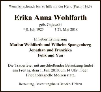 Traueranzeige von Erika Anna Wohlfarth von Uelzen