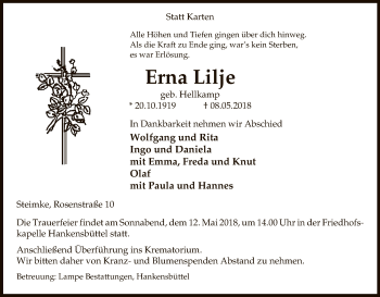 Traueranzeige von Erna Lilje von Uelzen