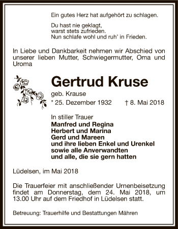 Traueranzeige von Gertrud Kruse von Uelzen