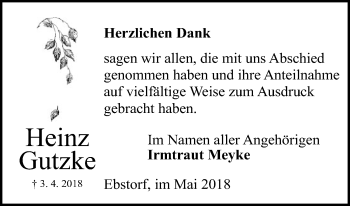 Traueranzeige von Heinz Gutzke von Uelzen