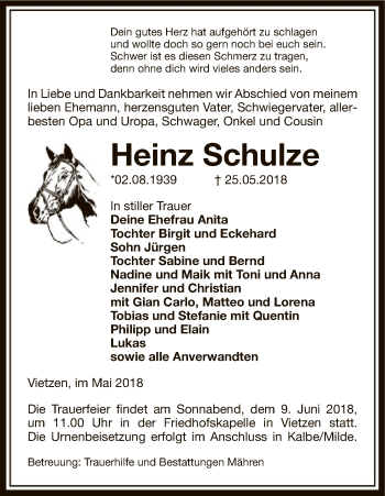 Traueranzeige von Heinz Schulze von Uelzen