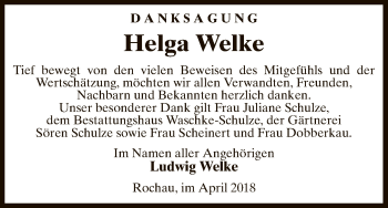 Traueranzeige von Helga Welke von Uelzen