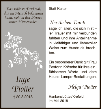 Traueranzeige von Inge Piotter von Uelzen