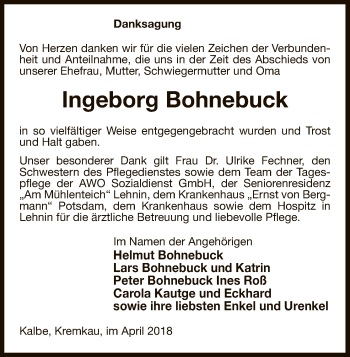 Traueranzeige von Ingeborg Bohnebuck von Uelzen