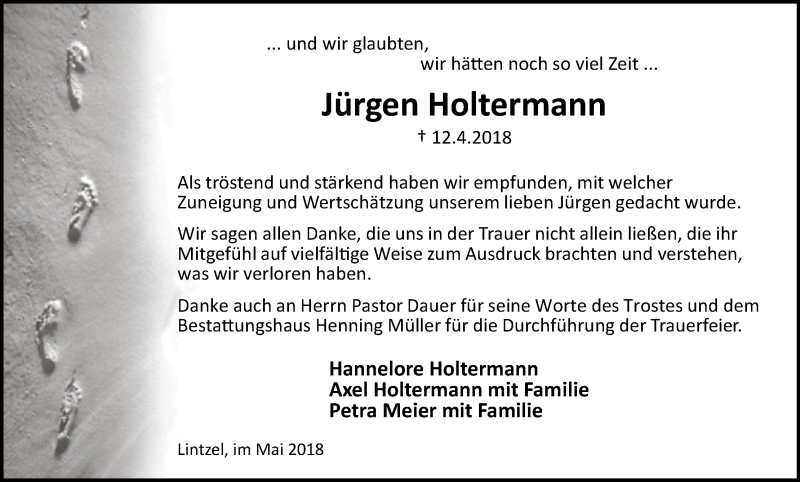  Traueranzeige für Jürgen Holtermann vom 05.05.2018 aus Uelzen