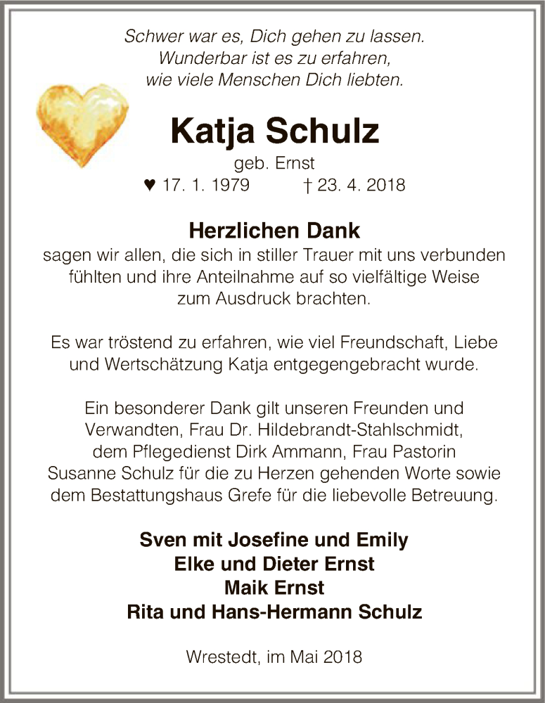  Traueranzeige für Katja Schulz vom 26.05.2018 aus Uelzen