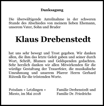 Traueranzeige von Klaus Drebenstedt von Uelzen