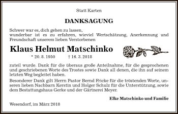 Traueranzeige von Klaus Helmut Matschinko von Uelzen