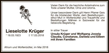 Traueranzeige von Lieselotte Krüger von Uelzen