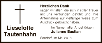 Traueranzeige von Lieselotte Tautenhahn von Uelzen