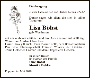 Traueranzeige von Lisa Böbst von Uelzen