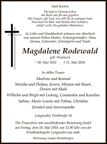 Traueranzeige von Magdalene Rodewald von Uelzen