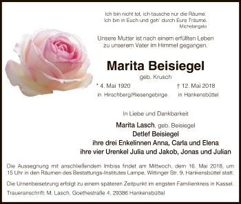 Traueranzeige von Marita Beisiegel von Uelzen