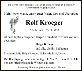 Traueranzeige von Rolf Kroeger von Uelzen