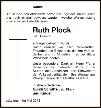 Traueranzeige von Ruth Plock von Uelzen