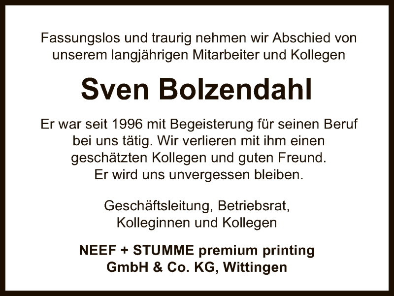  Traueranzeige für Sven Bolzendahl vom 25.05.2018 aus Uelzen