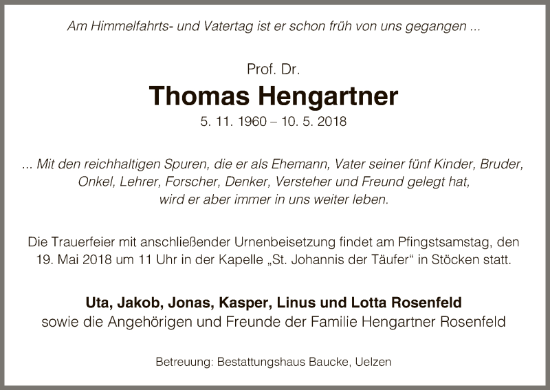  Traueranzeige für Thomas Hengartner vom 15.05.2018 aus Uelzen