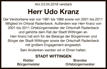 Traueranzeige von Udo Kranz von Uelzen