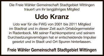 Traueranzeige von Udo Kranz von Uelzen