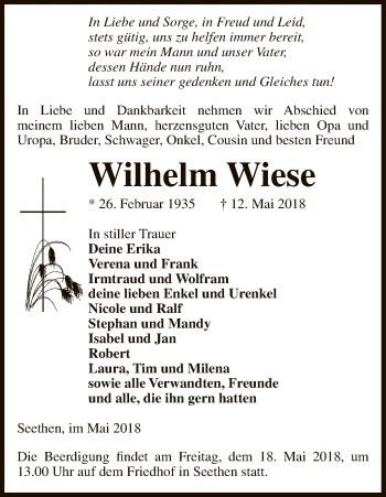 Traueranzeige von Wilhelm Wiese von Uelzen