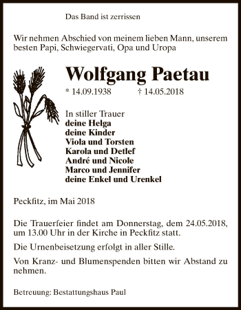 Traueranzeige von Wolfgang Paetau von Uelzen