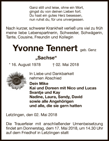 Traueranzeige von Yvonne Tennert von Uelzen