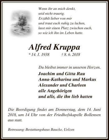 Traueranzeige von Alfred Kruppa von Uelzen