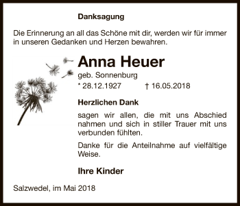 Traueranzeige von Anna Heuer von Uelzen