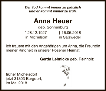 Traueranzeige von Anna Heuer von Uelzen