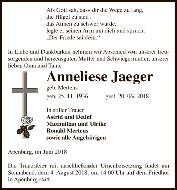 Traueranzeige von Anneliese Jaeger von Uelzen