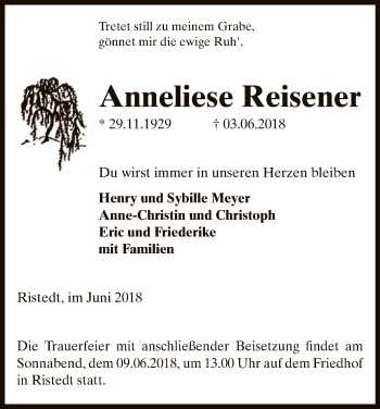 Traueranzeige von Anneliese Reisener von Uelzen