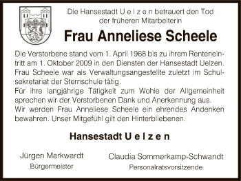 Traueranzeige von Anneliese Scheele von Uelzen