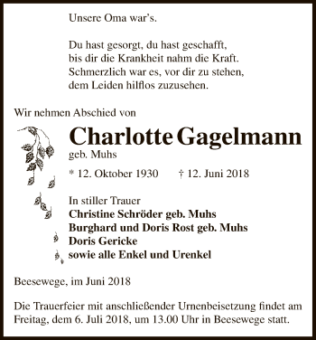 Traueranzeige von Charlotte Gagelmann von Uelzen