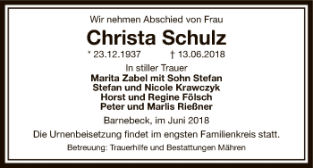 Traueranzeige von Christa Schulz von Uelzen